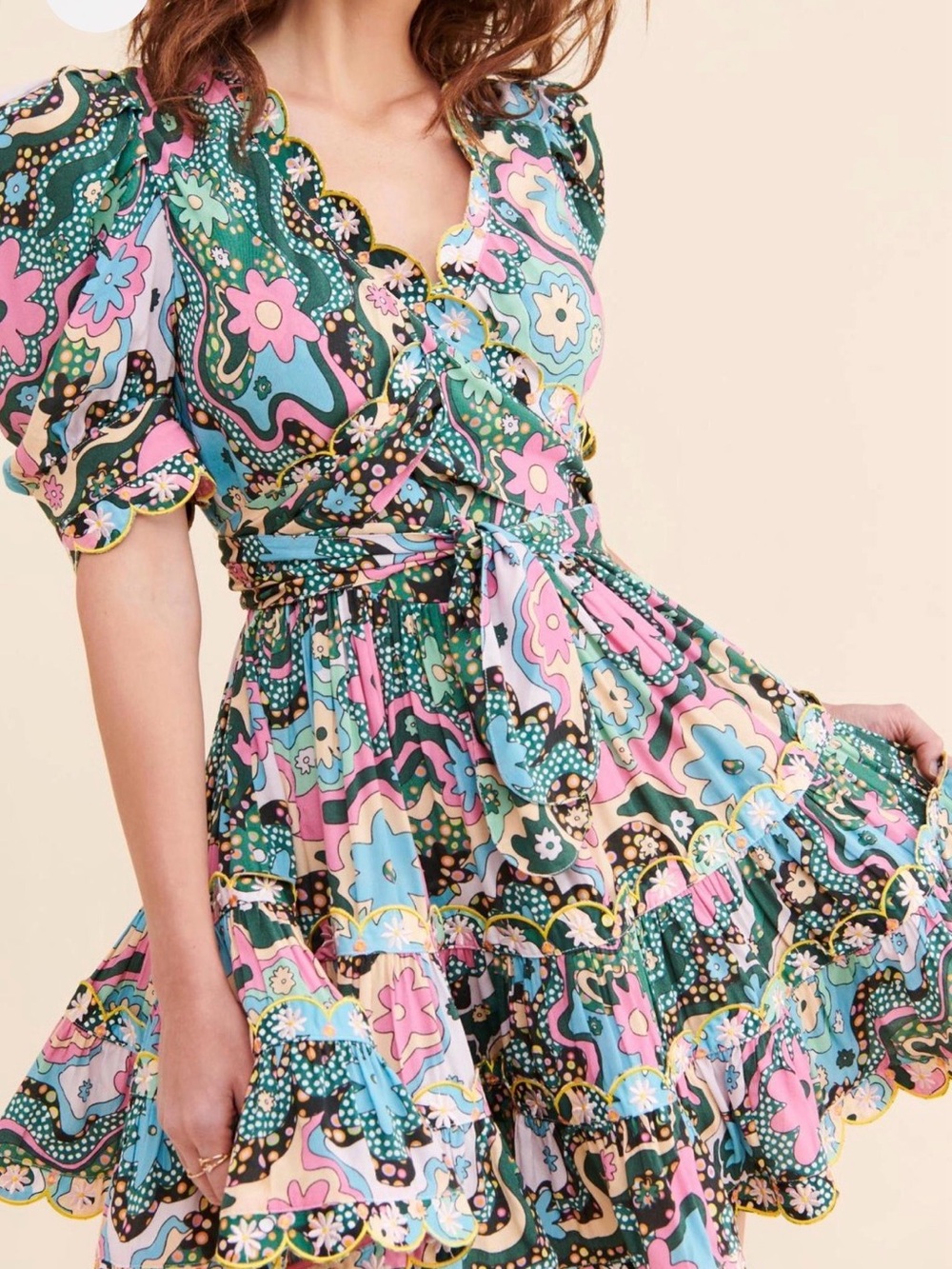 CeliaB Pink & Green Floral Wrap Midi Dress